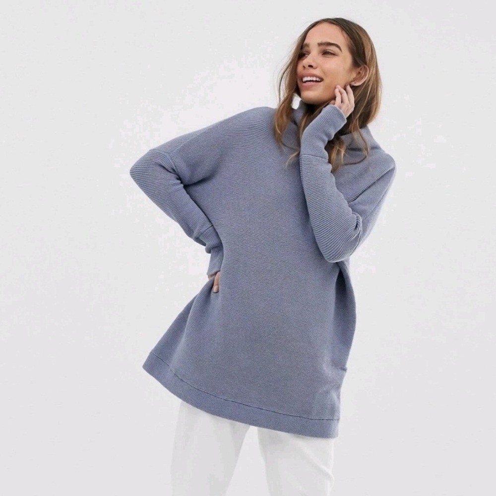 Free People Ottoman Slouchy Tunic Sweater Denim Blue Mock Neck Ribbed Knit XS